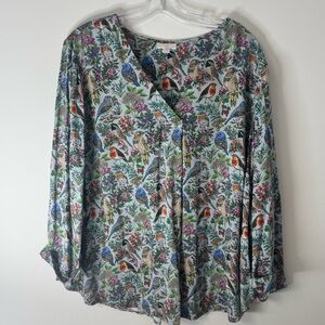 J. Jill Sz XL Blue “Perched Birds” Floral 3/4 Sleeve Soft V Neck Popover Top